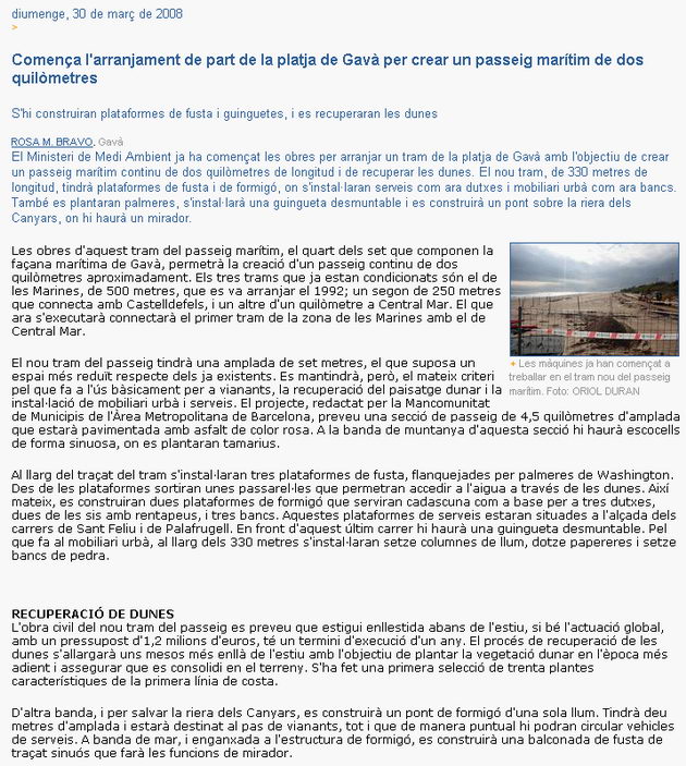 Not&iacute;cia publicada al diari EL PUNT sobre la construcci&oacute; del nou tram del passeig mar&iacute;tim de Gav&agrave; Mar (30 de mar&ccedil; de 2008)